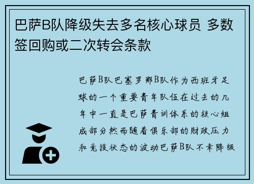 巴萨B队降级失去多名核心球员 多数签回购或二次转会条款