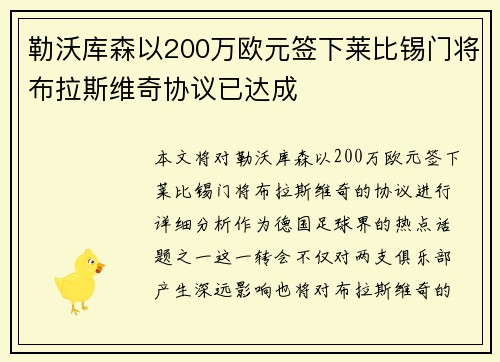 勒沃库森以200万欧元签下莱比锡门将布拉斯维奇协议已达成