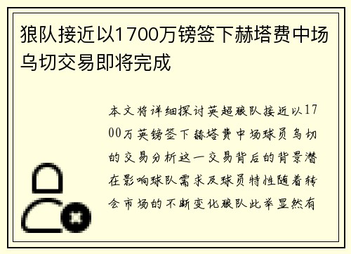 狼队接近以1700万镑签下赫塔费中场乌切交易即将完成