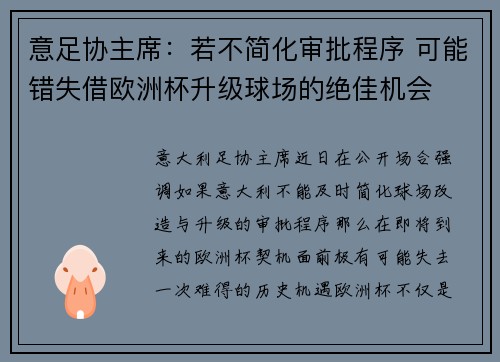 意足协主席：若不简化审批程序 可能错失借欧洲杯升级球场的绝佳机会